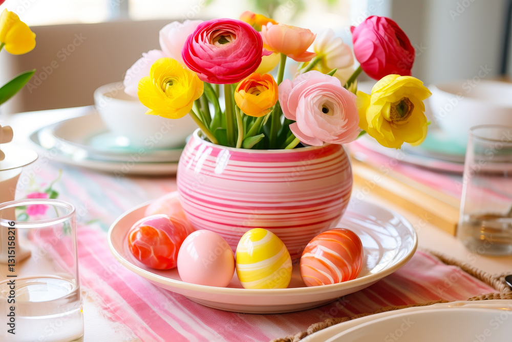 Poster brightly colored ranunculus flowers in a vase with decorative easter eggs on a festive table setting