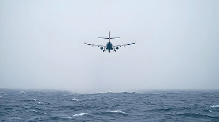 Four-Propeller Airplane Descending Over a Wavy Ocean Under a Cloudy Grey Sky Preparing for Landing