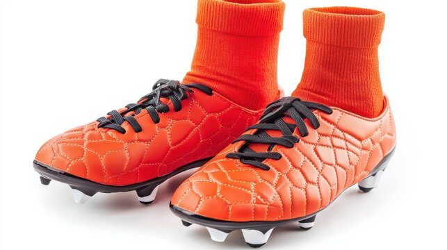 A pair of soccer shin guards and socks on a white isolated background