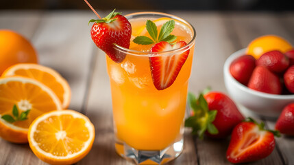 Fototapeta premium Fresh orange and strawberry juice with a splash of fruit.