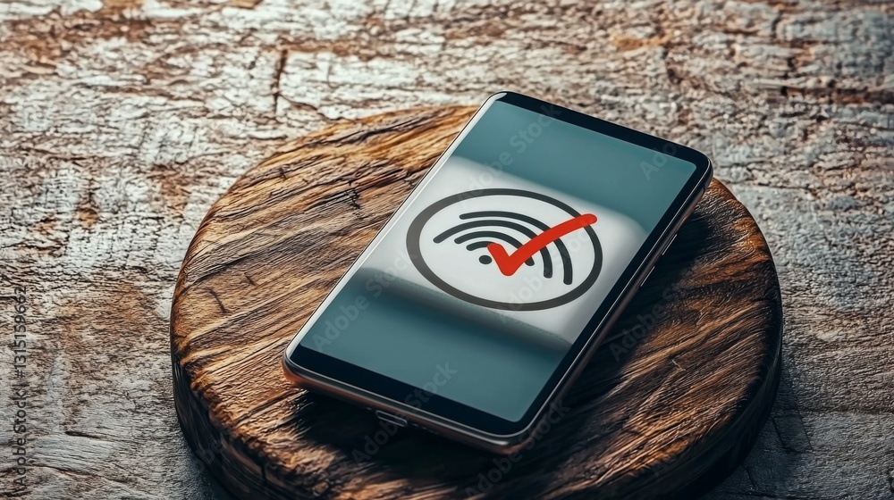 Poster register your account for better security. smartphone displaying a connectivity signal on a wooden s