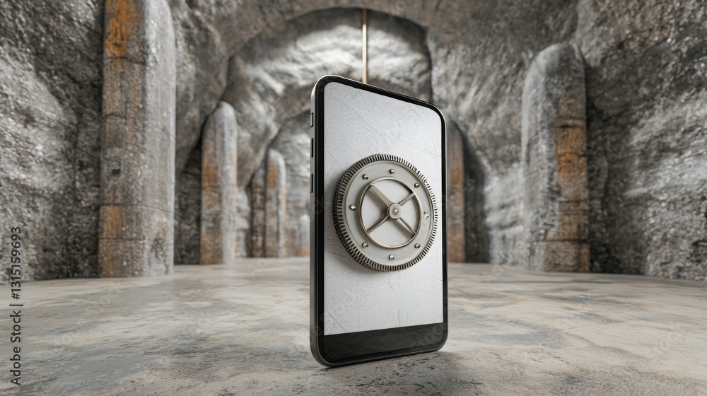 Poster register your account for better security. a smartphone with a safe dial hanging in a stone-walled e