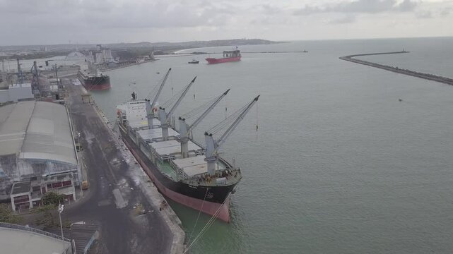 Aerial View of Recife Port, Pernambuco, Brazil with Cargo Ship, Sea, Cranes, and Docks