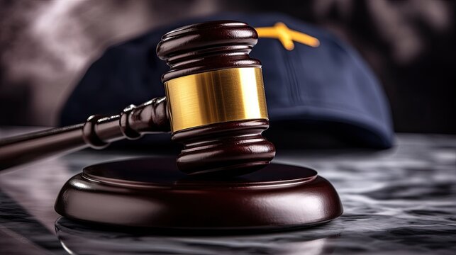 A gavel and a pilo cap on a polished surface, symbolizing aviation laws and air travel regulations.