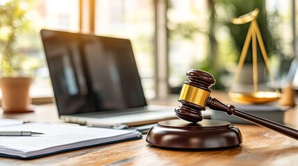 Fototapeta premium A gavel beside a laptop and a financial ledger, representing business law and corporate regulations.
