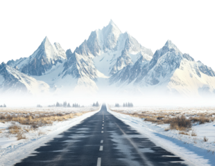 Majestic mountain road winter landscape isolated on transparent background, png