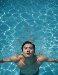 Fit Japanese man swimming underwater - athletic young man training and exercising in pool or ocean, underwater fitness and sport