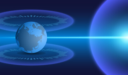 Abstract Universe Background. 3D Planet Earth, bright flashes, rays