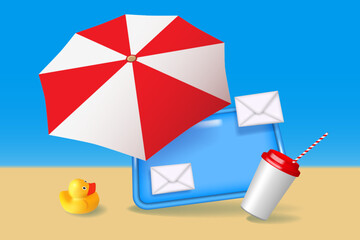 Remote work concept. Beach umbrella, ball, coffee cup and mobile tablet on the beach