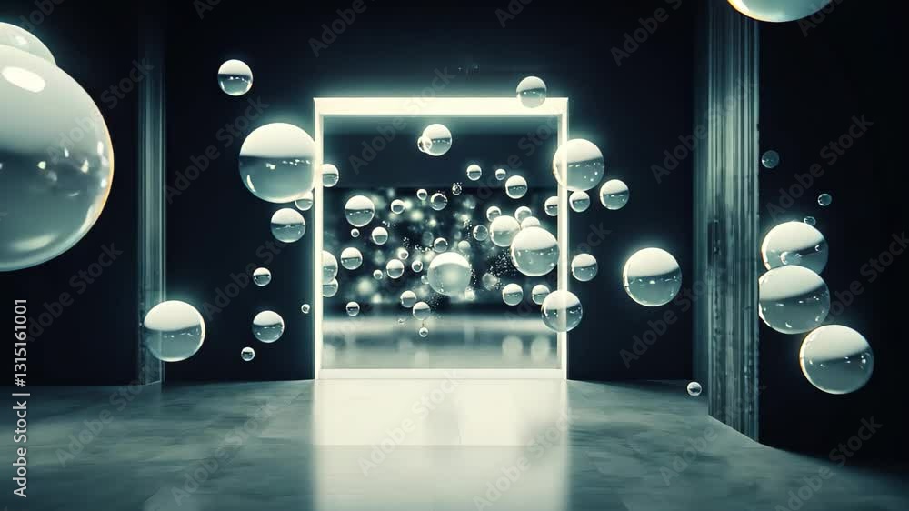 Poster dynamic floating orbs populate a mysterious room in a captivating visual experience, camera pushes i