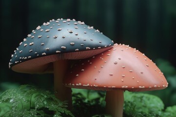 Colorful mushrooms with unique textures stand proudly in a verdant forest, creating a vibrant natural display