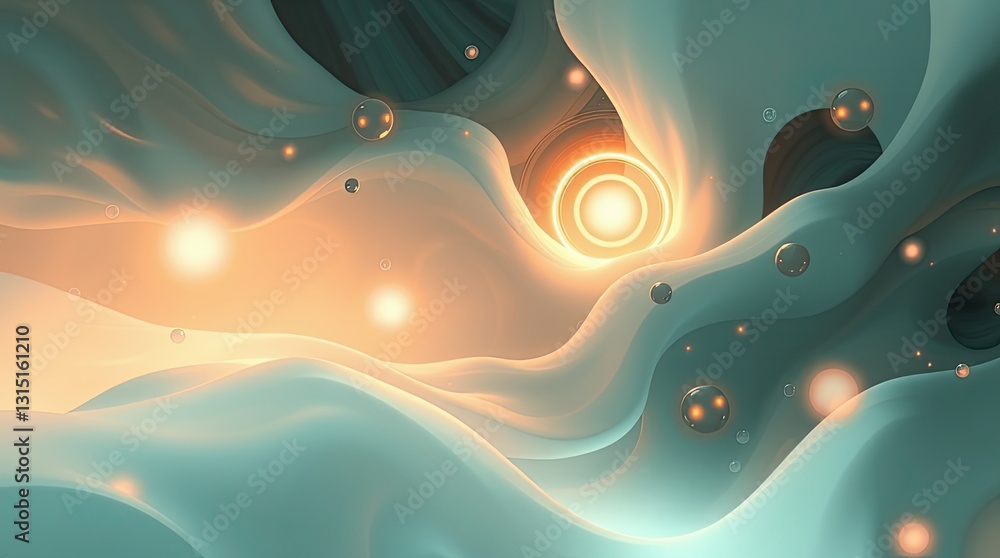 Poster soft and vibrant colors swirl together in an abstract design featuring glowing orbs and flowing shap