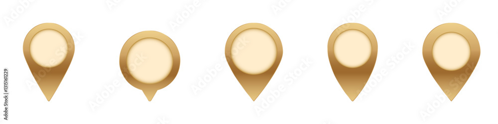 Aufkleber five golden map pins are aligned, representing stylish navigation icons for map location purposes.