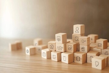Stack of wooden blocks with various icons on them. The icons include a heart, a person, a house, a computer, a cup, a book, a car, a cell phone, a clock, a computer mouse, a keyboard