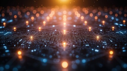 Complex arrangements of glowing dots and lines create a dynamic, futuristic technology backdrop, suggesting advanced digital networks