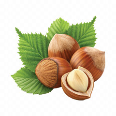 abstract 3d hazelnuts with leaves isolated on white background