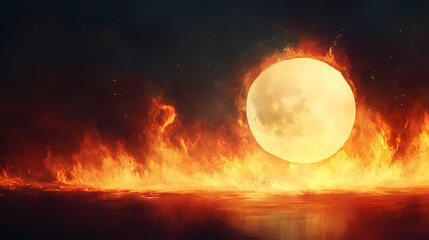 Softly glowing flames illuminate an ethereal landscape, haze, flames, subtle. Ethereal - Moon. Illustration
