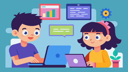 Two siblings learning how to code together through interactive games and activities on educational software.. Vector illustration