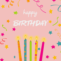 Brightly colored candles illuminate a cheerful scene filled with confetti and stars, creating a joyful atmosphere for a birthday celebration. The playful colors evoke a sense of fun and festivity.