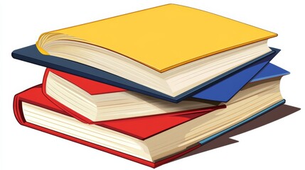 Stack of books with the top book being yellow. The books are red, blue, and yellow