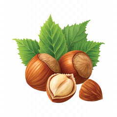abstract 3d hazelnuts with leaves isolated on white background