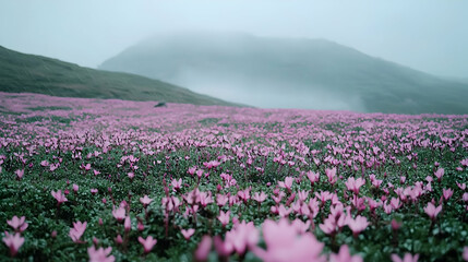 Fototapeta premium Misty mountain wildflowers blooming in vast field, scenic landscape