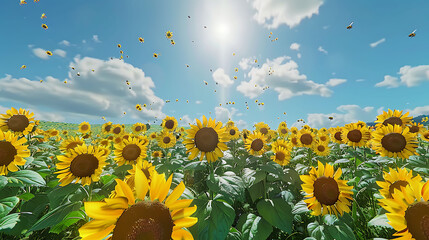 A vibrant sunflower field under a bright blue sky, with bees buzzing around the flowers in