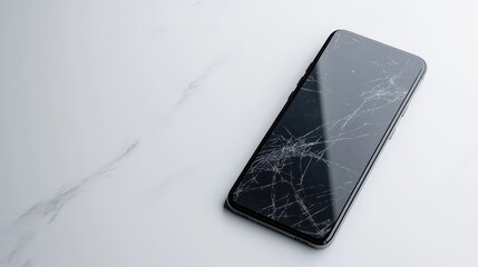 A modern smartphone with a cracked screen on a white isolated background