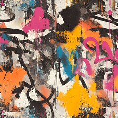 Fototapeta premium A seamless pattern graffiti-style texture featuring layered spray paint marks, bold tags, and chaotic drips. The distressed surface includes neon and muted tones, faded stencil art, and overlapping