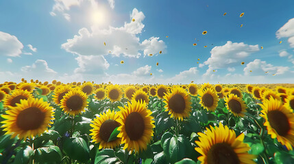A vibrant sunflower field under a bright blue sky, with bees buzzing around the flowers in