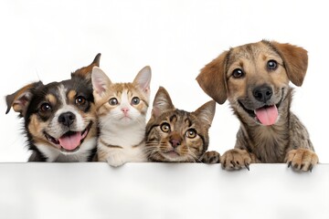 Fototapeta premium Happy Pets Peeking Over A White Banner, Sharing Joyful Smiles And Playful Energy Against A Bright White Background