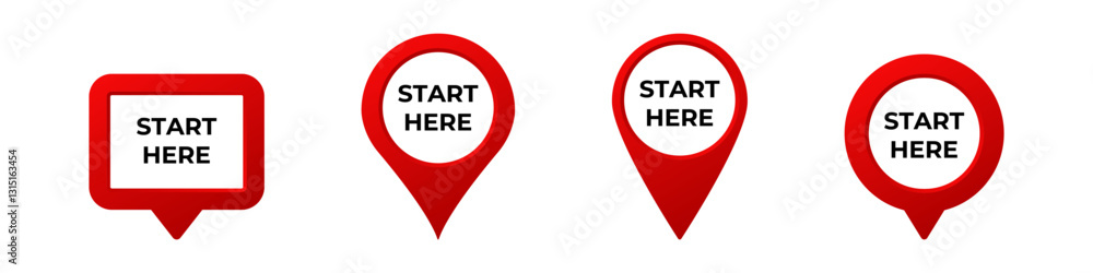 Poster red location pins with start here text, featuring different shapes for navigation purposes.