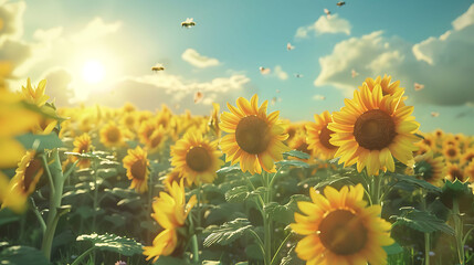 A vibrant sunflower field under a bright blue sky, with bees buzzing around the flowers in