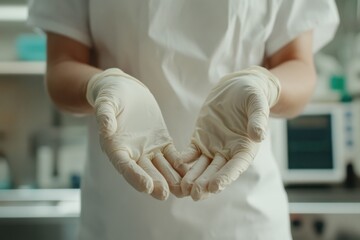 Fototapeta premium Surgeon's hands ready for operation with sterile gloves in a medical setting