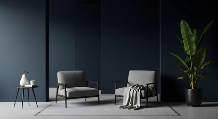 Elegant interior design with armchairs, plant, and stylish d,cor against a deep blue wall