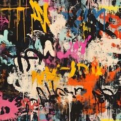 A seamless pattern graffiti-style texture featuring layered spray paint marks, bold tags, and chaotic drips. The distressed surface includes neon and muted tones, faded stencil art, and overlapping