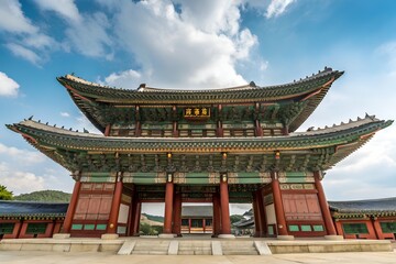 Naklejka premium Traditional Asian Palace Gate with Blue Sky and Clouds
