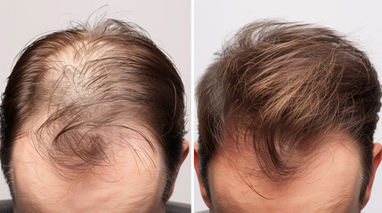 A before and after comparison of a man's scalp showing significant hair regrowth. The left image shows thinning hair and bald spots, while the right image shows fuller, thicker hair.