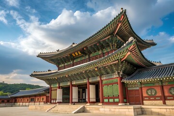 Fototapeta premium Traditional Korean Palace with Intricate Roof Design and Red Columns
