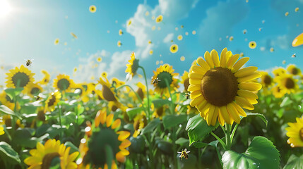 A vibrant sunflower field under a bright blue sky, with bees buzzing around the flowers in