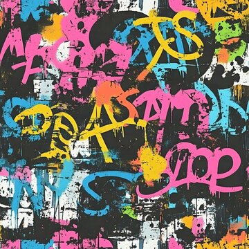 Fototapeta A raw and edgy seamless graffiti texture with vibrant spray paint splatters, bold lettering, and worn stencil designs. The repeating pattern showcases overlapping tags, distressed wall textures,