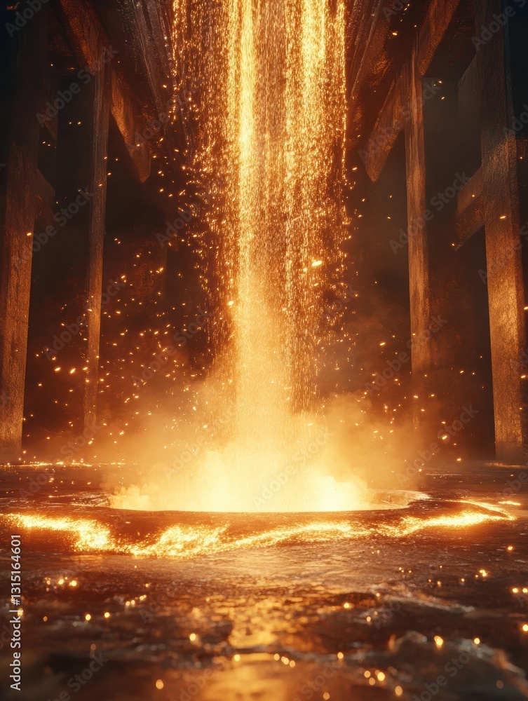 Poster Molten metal flows into casting molds in an industrial environment creating an intense atmosphere filled with sparks and flames