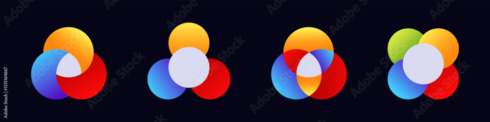 Aufkleber four colorful venn diagrams feature overlapping circles with vibrant gradients and varied designs.