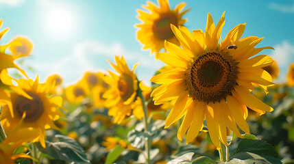 A vibrant sunflower field under a bright blue sky, with bees buzzing around the flowers in