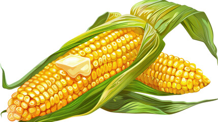 Two corn cobs with melting butter on transparent background