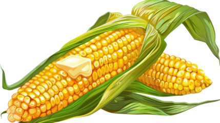 Two corn cobs with melting butter on transparent background