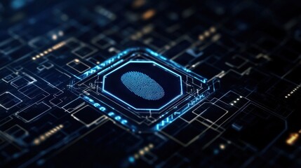 Striking Cybersecurity Concept Visuals Showcasing a Glowing Fingerprint Scanner With Digital Shield