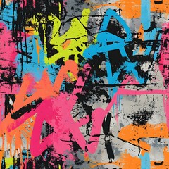 Fototapeta premium A high-resolution seamless graffiti pattern featuring rough spray-painted layers, chaotic scribbles, and dripping paint. The design blends neon and muted colors with aged wall textures, capturing