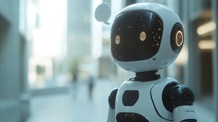 Friendly robot thinking in a city.