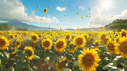 A vibrant sunflower field under a bright blue sky, with bees buzzing around the flowers in